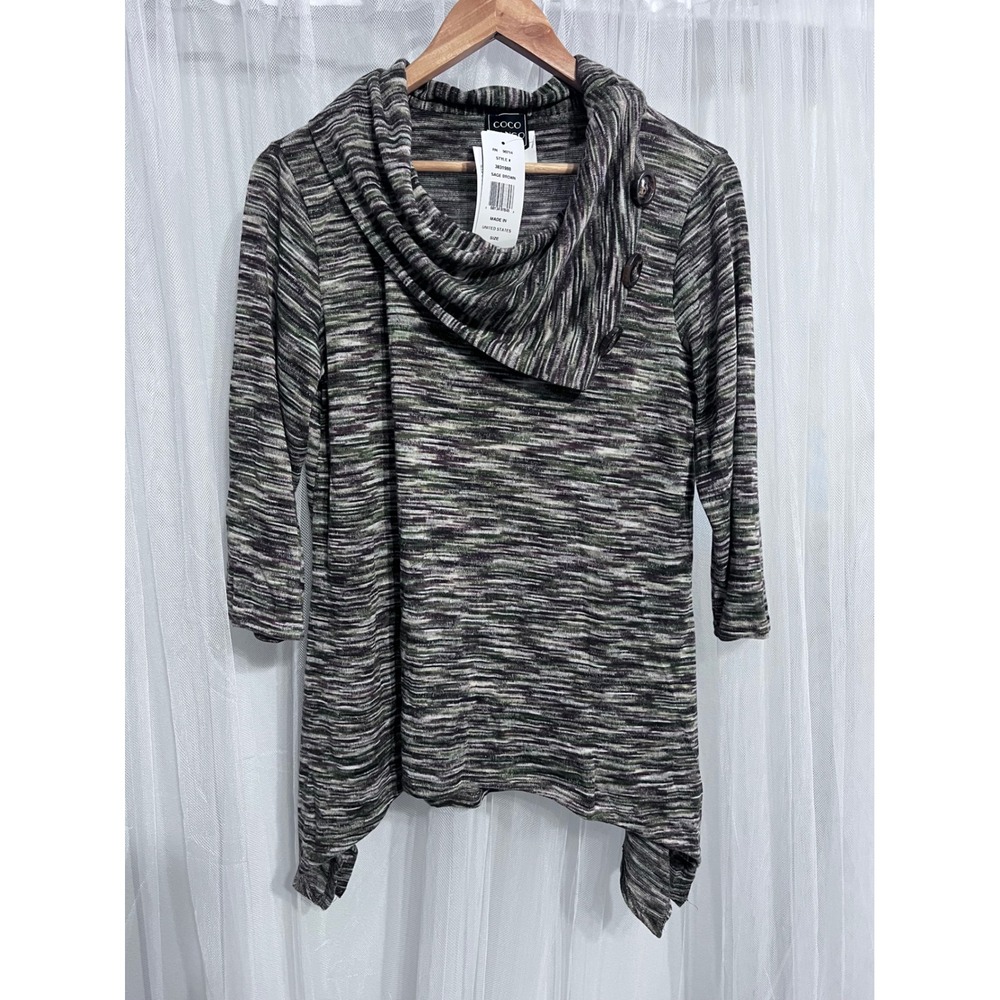 Coco Bianco Womens Cowl Neck Tunic Top Sage Brown Space Dye Sharkbite Hem L NWT